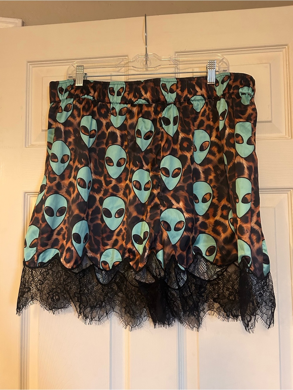 Dressed in Lala Leopard & Alien Print Satin Shorts with Lace Trim - XXL